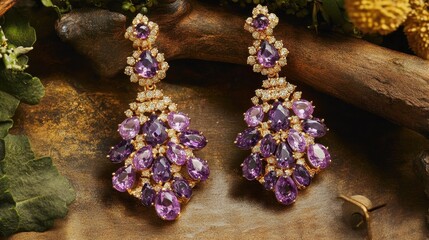 Fototapeta premium Chandelier earrings covered in tiny gems resting on gold
