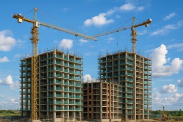 Construction Site with Cranes and Building Towers Under Blue Sky