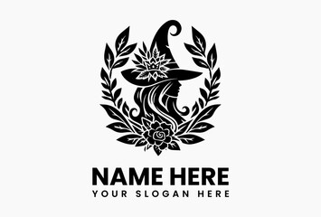 Obraz premium Flowing witch profile with hat melting into poppies and vines, elegant vector logo for herbal tea brands 