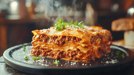 Traditional Italian lasagna with Bolognese sauce served on a plate food photography