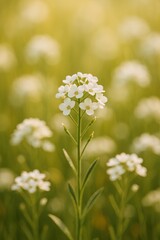 Fototapeta premium Delicate White Flowers in a Soft Golden Field of Green Background