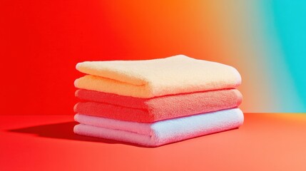 Colorful microfiber towels layered for display against a bold gradient backdrop