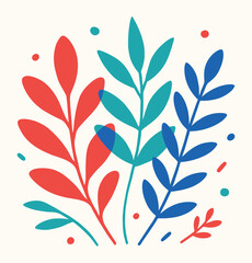 Minimal Flat Botanical Illustration with Red, Teal, and Blue Leaf Branches on Light Background