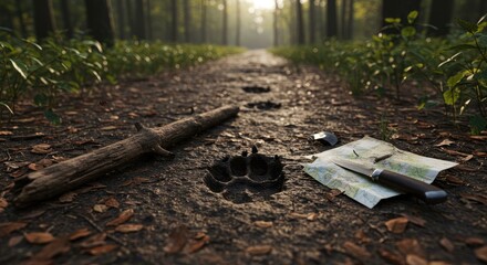 Fototapeta premium Animal tracks discovered in a forest path during sunrise 