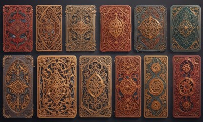 Intricate die-cut card collection, diverse shapes, rich colors, event, background