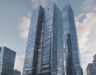 Obraz premium Sleek glass skyscraper rising, city skyline backdrop, real estate, windows, facade
