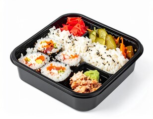 Sushi bento box with rice, pickled vegetables, sushi rolls, ginger, wasabi, and cooked protein