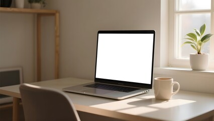 Laptop with blank screen on white table. Home interior or office background