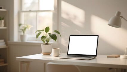 Laptop with blank screen on white table. Home interior or office background