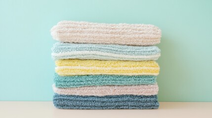 Striped hand towels stacked in soft layers on a pale blue and yellow background