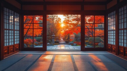 Tranquil Japanese autumn garden view from traditional wooden interior