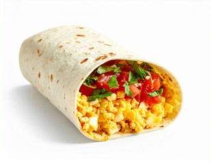 A delicious burrito featuring scrambled eggs, diced tomatoes, and fresh green herbs, all nestled inside a soft, golden tortilla