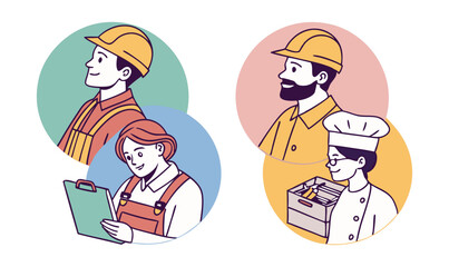 "Diverse Worker Illustrations Set - Vector Icons of Professionals in Engineering, Culinary, and Management"