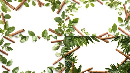 Fototapeta premium Fresh green leaves and cinnamon sticks frame
