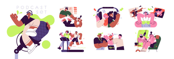 Listening to audio podcast concept set. Men and women relax with radio broadcast in headphones. People record interview with microphone. Flat isolated vector illustrations on white background