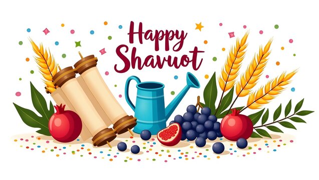 Happy shavuot illustration with fruits and torah scroll