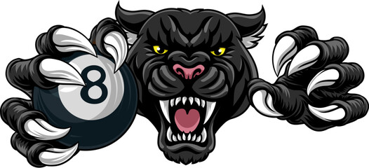 Black panther leopard or jaguar cat pool billiards sports team mascot holding a black 8 billard ball © Christos Georghiou
