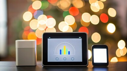 Devices display data against a blurred background of colorful lights, illustrating a modern tech ambiance.