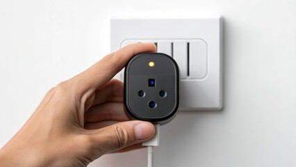 A hand connects a modern electrical plug to a wall socket, illustrating the theme of technology and connectivity.