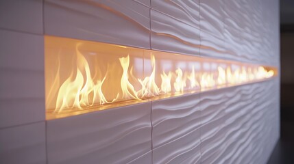 Modern White Wave Tile Wall with Linear Fireplace Featuring Warm Flames for Home Design Inspiration