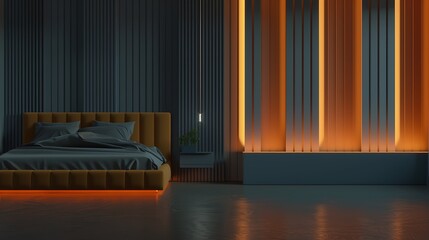 Elegant Bedroom Interior with Ambient Lighting and Modern Striped Wall Design
