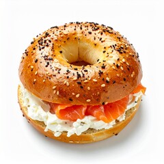 A delicious bagel sandwich with cream cheese and smoked salmon. The sesame seed bagel rests atop a creamy, white spread, loaded with fish