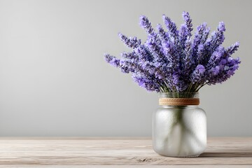 lavender flowers in a frosted glass vase, on a light wood table
