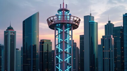 Obraz premium A modern observation tower surrounded by skyscrapers against a vibrant sky at dusk.