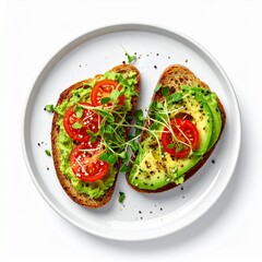 Sliced avocado toast topped with tomato, sprouts, and seasonings. Presented on a white plate, offering a healthy meal option