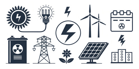 A diverse set of vector icons for web design, depicting various symbols like a radio tower, a broadcasting antenna, and other communication and technology illustrations