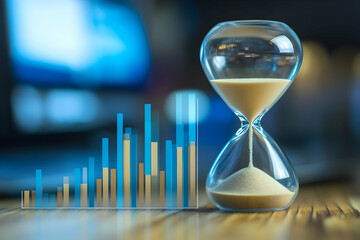 Hourglass with sand flowing near a blurred graph representing business progress.