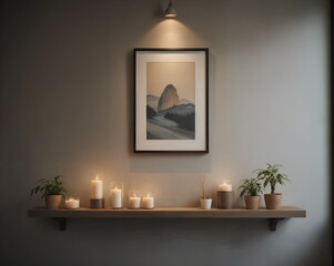 An atmospheric scene with minimalist artwork on the wall scented candles and small plants on low shelves and soft lighting