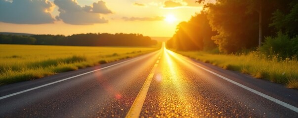 Sun-baked road shimmers, yellow line blurs in heat Asphalt texture, rural highway vista, intense summer day feel , heat haze, hot, asphalt