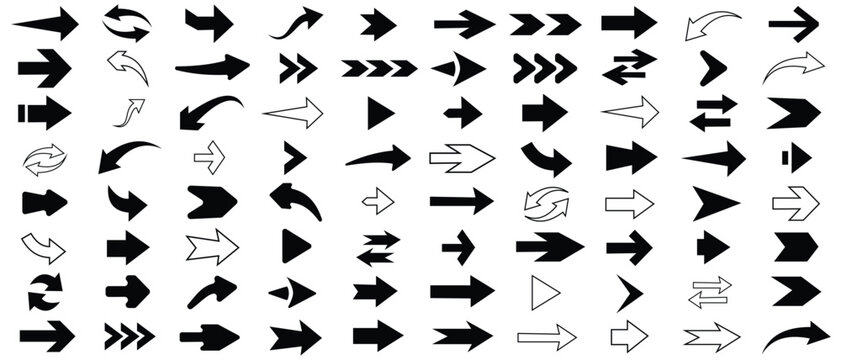 Collection of different arrow set vector design. Set of arrow icons.  Set of arrows icon vector and outline. Arrows for web design. Cursor outline. Different shape and size pointer set. Arrows icon.