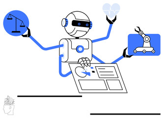 Robot with multiple arms balancing justice, analyzing heart health, operating automation tech, managing data. Ideal for artificial intelligence, innovation, future technology, multitasking