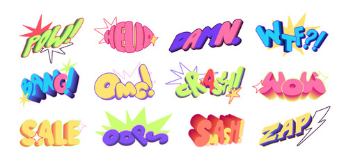 Set of comic sound effects. Speech bubbles, clouds, icons with words: POW, Oops, OMG, WTF, bang, damn. Expressions in explosions in superhero book style. Flat isolated vector illustrations on white
