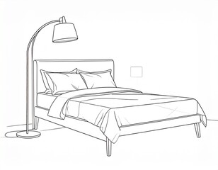 A detailed line drawing depicts a bed with pillows, and a floor lamp next to a wall. The room appears neat and well-lit
