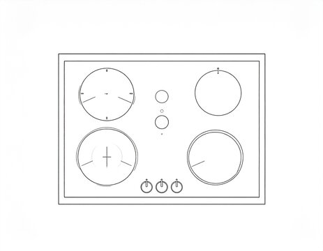 An overhead view of a sleek, modern electric cooktop. Featuring four circular burners and control knobs
