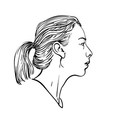 Hand-drawn vector of young woman in profile, neat ponytail, delicate features, clean line art style, black and white, minimalistic, elegant and simple illustration