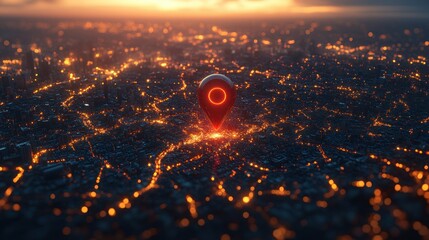 Urban location marker at sunset