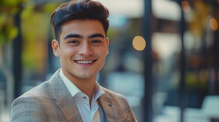Obraz premium Young Man Smiling Confidently in a Stylish Suit Jacket Outdoors