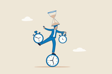 Time management or productivity addiction, work life balance or control work project time and schedule concept, smart businessman balancing all time pieces, sandglass, alarm clock, countdown timer.
