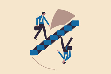 Business paradox, growth, improvement or different perspective or other side, fake or real, possible and impossible concept, ambitious businessman walk up stair while in paradox he walking down.