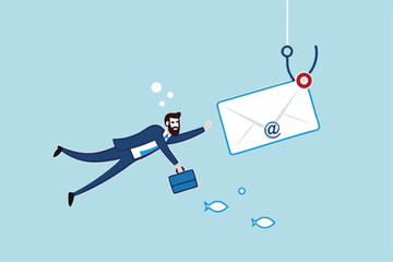 Phishing email, fraud or scam mail offer fake login or password form to steal personal information, online crime concept, greedy businessman diving underwater to catch email envelope with fishing hook