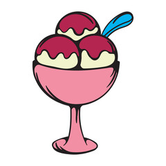 Three scoops of ice cream with topping in a bowl. Sweets. Simple vector illustration for sticker, icon, print. Design element isolated on white background