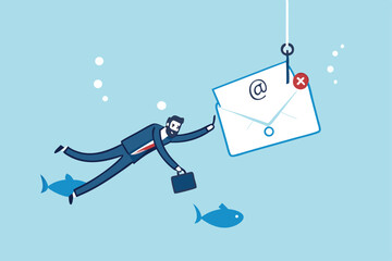 Phishing email, fraud or scam mail offer fake login or password form to steal personal information, online crime concept, greedy businessman diving underwater to catch email envelope with fishing hook