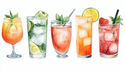 set of three summer drinks in a different shape glasses.ai generative