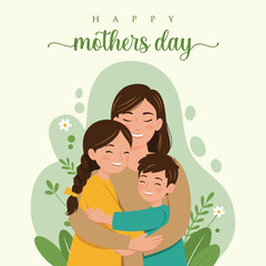 A warm and heartwarming illustration of a mother embracing her children, conveying love and joy on Mother's Day. The illustration features a happy family with a mother and her two kids, nature, flower