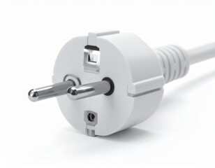 A close-up of a white electrical plug with two metal pins and a grounding clip, connected to a white cable