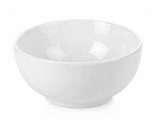 An isolated white ceramic bowl with a rounded shape. The bowl is smooth and shiny, with a slight shadow